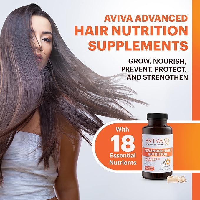 AVIVA - Advanced Hair Nutrition Hair Growth Vitamins, Hair Growth Supplement for Voluminous Tresses, Hair Vitamins with 5000mcg Biotin, 18 Essential Oils, Nutrients and Vitamins for Hair, 180 Capsules