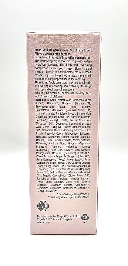 Alteya Organics Night Moisturizer Certified Organic Skin Care 1.7 Fl Oz/50 mL Bio Damascena Award-Winning Face Cream With Organic Bulgarian Rose Oil Hydrating, Toning and Rejuvenating