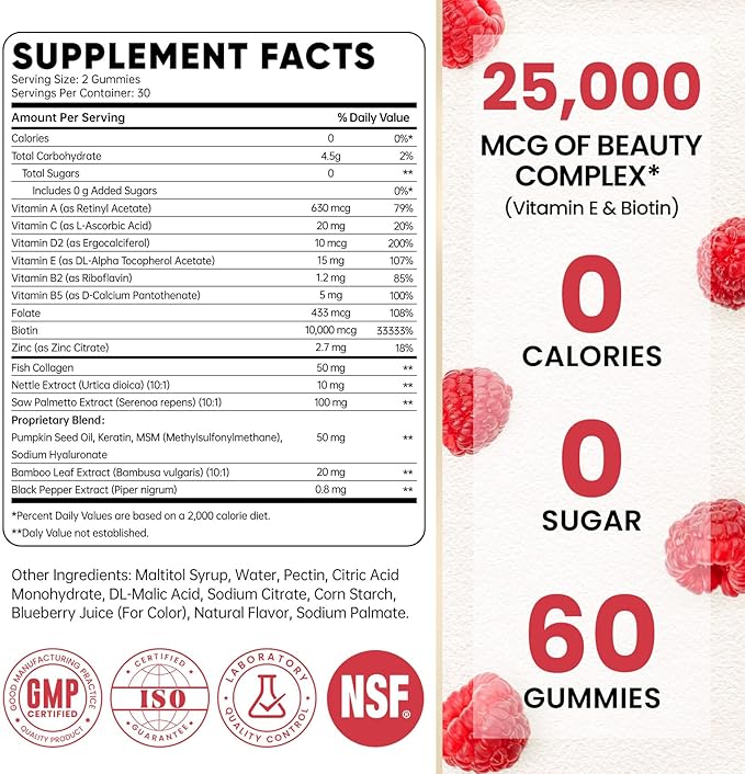 Venture Pal Biotin Gummies with Collagen & Keratin - Hair Growth Support Skin and Nail Strength Vitamins for Women & Men - Biotin 10000mcg | B-Complex | Saw Palmetto - Sugar Free, Non-GMO, 60ct