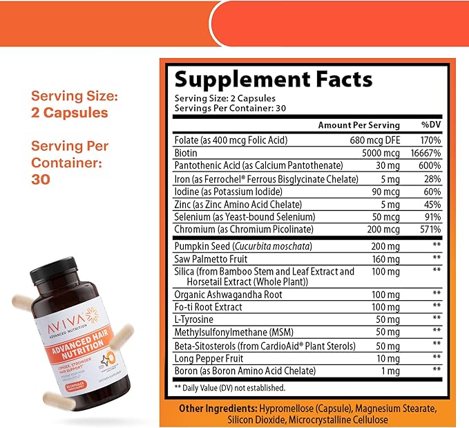 Aviva Advanced Hair Nutrition Hair Growth Vitamins – 120 Capsules Hair Vitamins Dietary Supplement for Thicker, Fuller Hair – Biotin 5000mcg with 18 Essential Oils and Nutrients