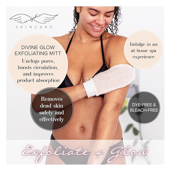 Seraphic Skincare Divine Glow Exfoliating Mitt (1pc) – 100%, Dye-Free, Bleach-Free Vegan Viscose Korean Exfoliating Glove – Body Exfoliator for Self-Tan Removal & Keratosis Pilaris