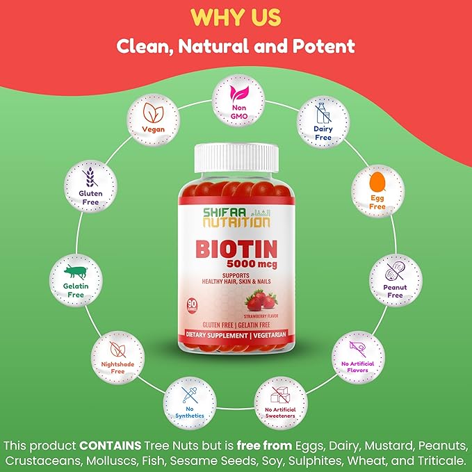 Vegan Biotin Gummies for Adult & Kids | 90 Gummies | 5000 mcg 45 Servings | Non-GMO | Gluten, Gelatin, Peanuts, Egg & Dairy Free | Biotin Gummy Vitamins for Hair, Skin & Nails Halal