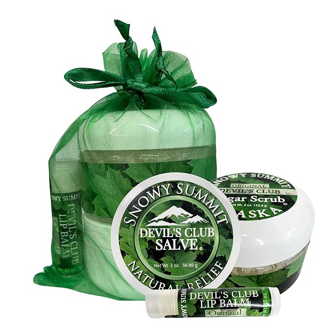 Snowy Summit's 3-Pc Devil's Club Gift Bag Set – Includes All-Natural Handcrafted Salve, Revitalizing Sugar Scrub, and Moisturizing Lip Balm for Body Care - Skin Care Package with Alaskan Ingredients
