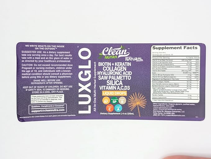 Biotin Liquid Drops Collagen Keratin Hyaluronic Acid Saw Palmetto for Hair Skin and Nails Silica Vitamin A C Vitamin D Bamboo Turmeric Zinc Folate Magnesium Horsetail LuxGlo by Clean Nutra - 3Pack