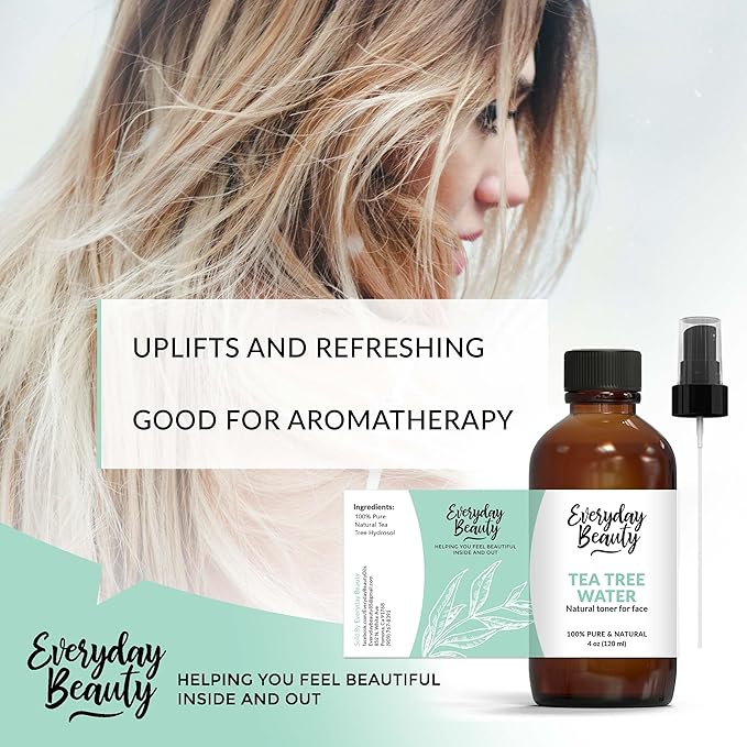 Tea Tree Water Facial Toner - All Natural Hydrating Spray Mist for Face and Hair - 100% All Natural Tea Tree Water Hydrosol 4oz with Fine Mist Cap