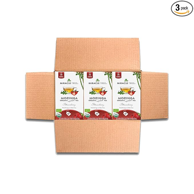 Miracle Tree - 3 Count of Organic Moringa Superfood Tea, 25 Individually Sealed Tea Bags, Strawberry (Keto, Detox, Energy/Immunity Booster, Vegan, Gluten-Free, Organic, Non-GMO, Caffeine-Free)