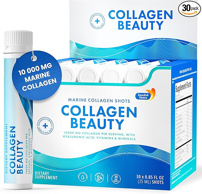 Swedish Nutra - Collagen Beauty | 10,000 mg Hydrolyzed Marine Collagen Liquid Supplement - 30 x 25 ml Daily Shots | Hyaluronic Acid and Vitamin C to Support Healthy Hair, Skin, Nails | Sugar-Free