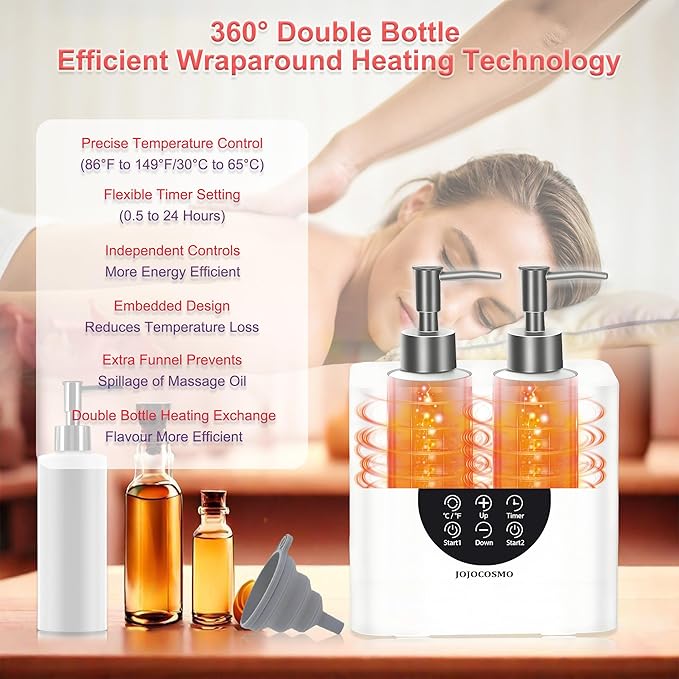 New Dual Control Massage Oil Warmer with Four Body Liquid Bottle Dispensers, Shampoo Heater Form 86 to 149 ℉, Reserve Heating time, for Salon, Home,SPA Essential Oil Lotion Warmer