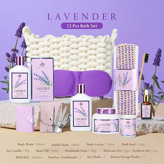 Mother's Day Gift for Mom, Bath and Body Gift For Women - Lavender Home Spa Gift Set, Shower Gel,Bubble Bath,Lotion,Bath Bombs,Eye Mask,Manucure Set, Bath Belt, Body Oil,Bath Soak,Lip Balm,Soy Candle