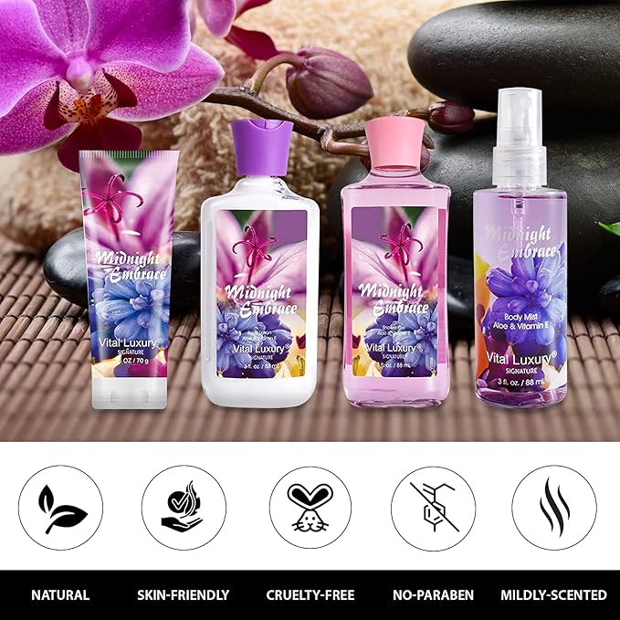 Midnight Embrace Bath & Body Kit, 3 Fl Oz, Ideal Skincare Gift Home Spa Set, Includes Body Lotion, Shower Gel, Body Cream, and Fragrance Mist, Birthday Mother's Day Gifts