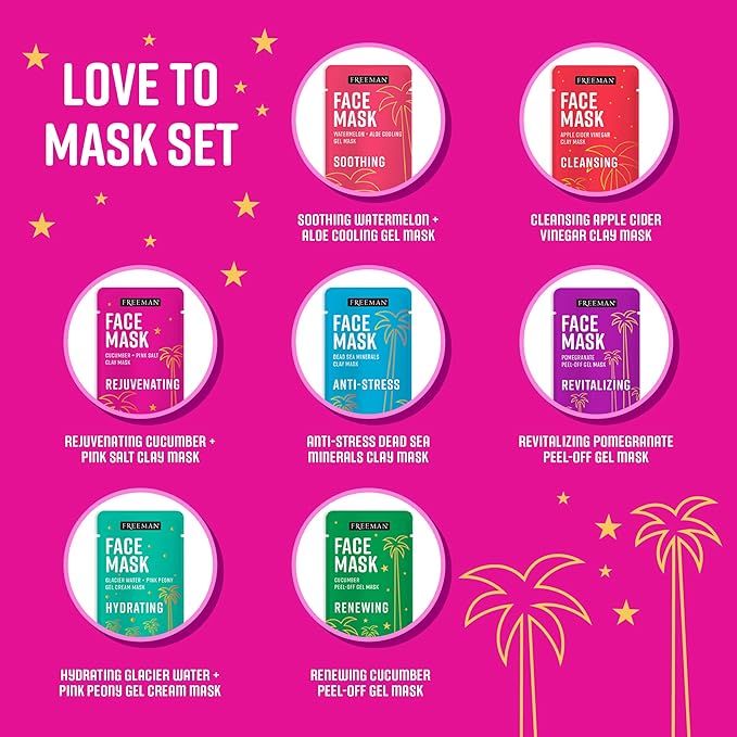 Freeman Facial Love To Mask Variety Pack: Oil Absorbing Clay, Detoxifying Charcoal, Clearing Peel Off, Hydrating Gel Cream, Exfoliating Scrub (14 Piece Kit with Bonus Buffer and Headband)