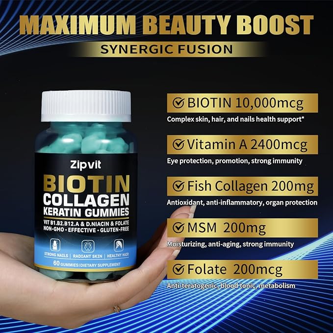 Biotin Collagen Gummies – Hair Skin and Nails Vitamins for Women & Men – Hair Growth Vitamins: B1, B2, B3, B6, B7, Collagen, Keratin, Vitamin A & D – Hair Growth Supplement – 60 Gummy Bears