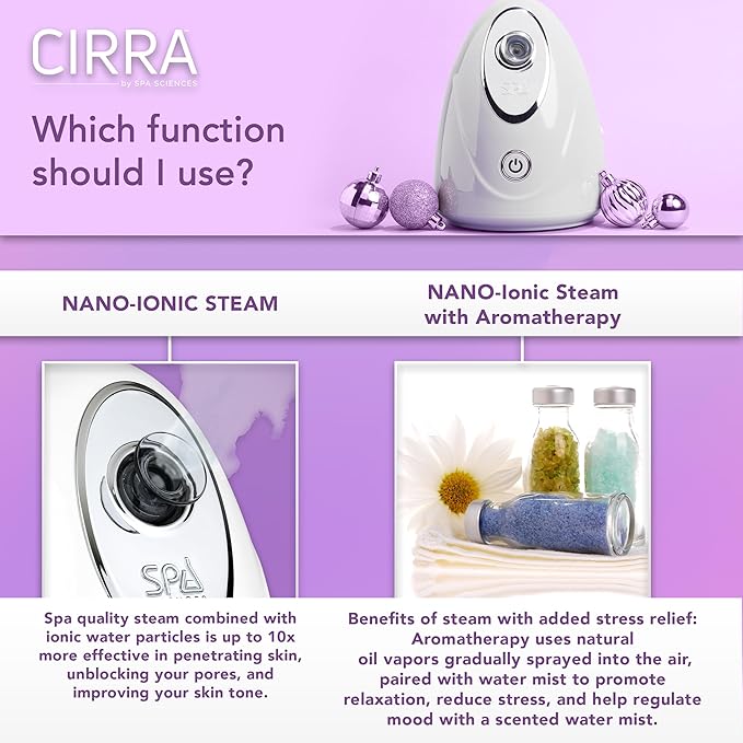 Spa Sciences - CIRRA - Nano Ionic Facial Steamer with UVC Sanitizing Protection, Aromatherapy Function, Detox Pores, and Boost Circulation - Includes an Essential Oil Basket