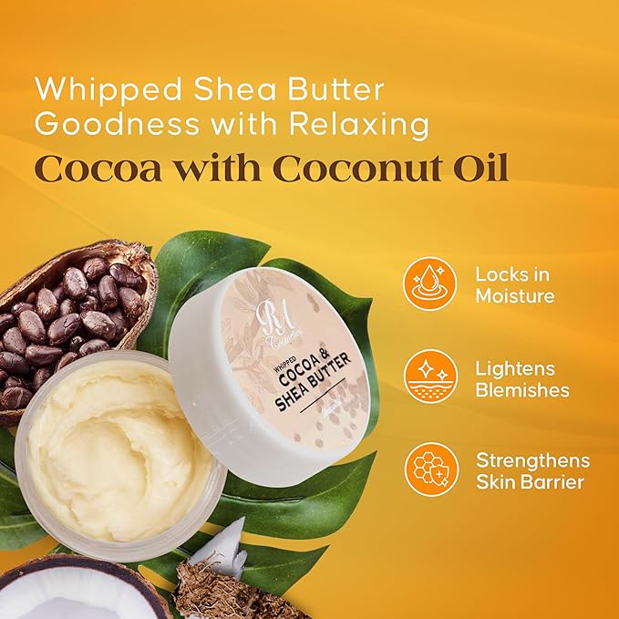 RA COSMETICS Whipped Cocoa & Shea Butter, Unscented - 12oz | 100% Pure & Natural Skin Moisturizer with Coconut Oil | Vitamin-Rich Body Butter for Soft, Supple, and Radiant Skin & Healthy Hairs