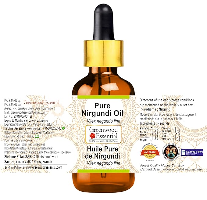 Pure Nirgundi Oil (Vitex negundo linn) 100% with Glass Dropper Premium Therapeutic Grade for Hair, Skin & Aromatherapy 50ml (1.69 oz)