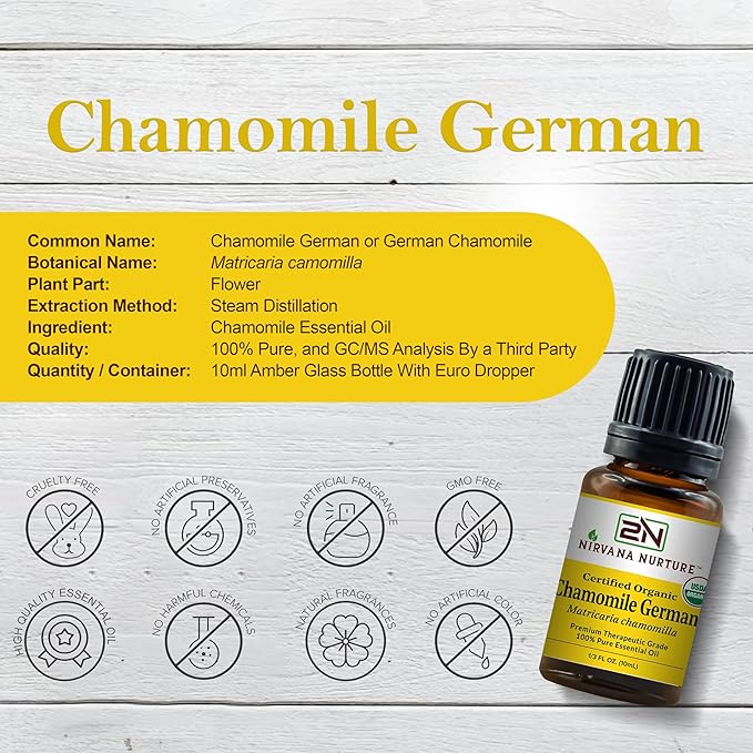 Chamomile German Essential Oil USDA Certified Organic 100% Pure Premium Therapeutic Grade, Undiluted - Aromatherapy Diffuser for Calm and Relaxation, Skin Care, Hair Care