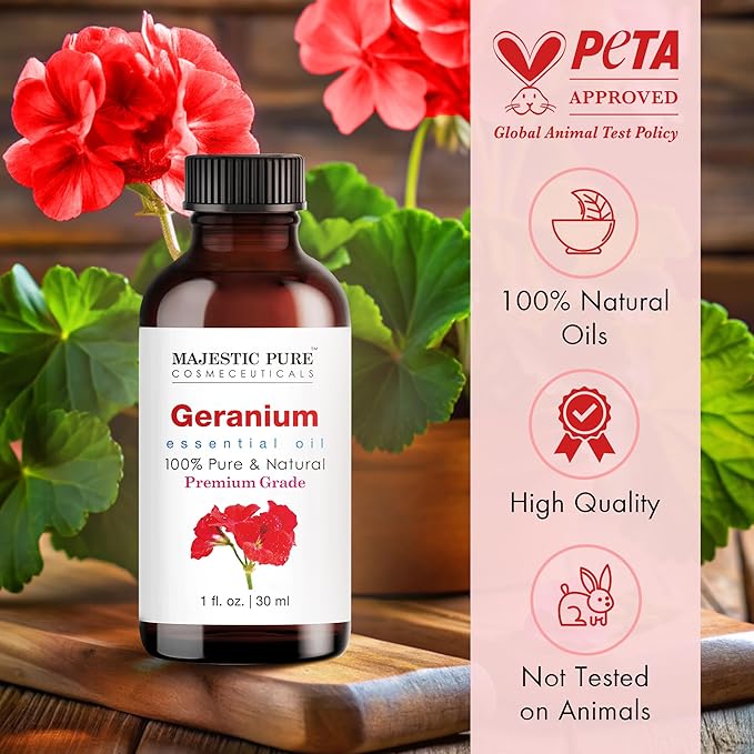 MAJESTIC PURE Geranium Essential Oil | 100% Pure and Natural Geranium Oil | Premium Grade Essential Oils for Hair Care, Home Diffusers, Skin, Aromatherapy, Massage and Humidifiers | 1 Fl Oz