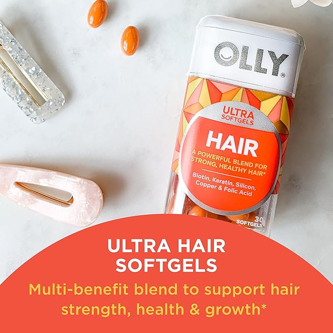 OLLY Ultra Strength Hair Softgels, Supports Hair Health, Biotin, Keratin, Vitamin D, B12 & Ultra Strength Goodbye Stress Softgels, GABA, Ashwagandha, L-Theanine and Lemon Balm