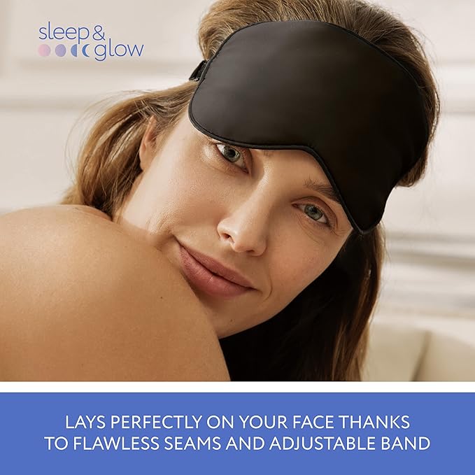 SLEEP & GLOW Silk Sleep Eye Mask Luxury Mulberry 22 Momme 100% Natural Triple Silk Blindfold with Adjustable Strap for Comfortable Sleeping & Face Skin Care (Black)
