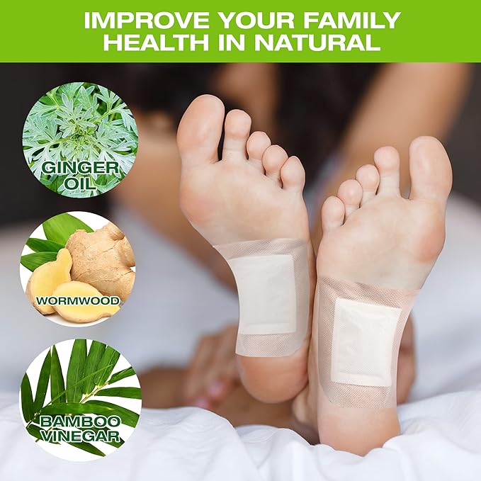 Natural Herbal Foot Pads - 100 Pack Ginger Oil & Bamboo Charcoal Premium Foot Care Patches - Relieves Stress and Fatigue - Improves Sleep and Supports Body Cleansing