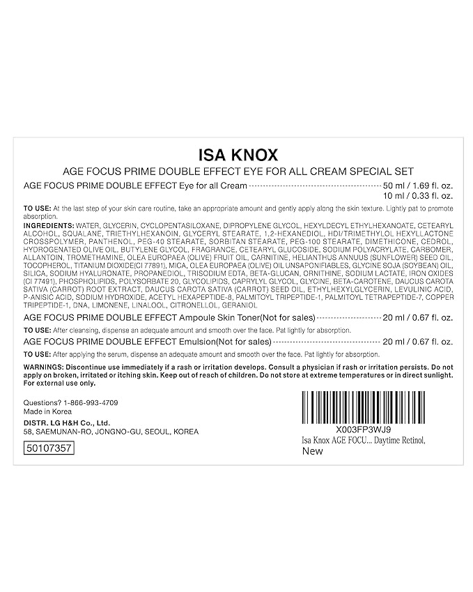 Isa Knox AGE FOCUS Prime Double Effect Eye For All Cream Set (3.4fl oz) - Korean Skin care Set, Anti Aging, Lightweight Rich Eye Cream for Wrinkles, Toner, Emulsion, Daytime Retinol.