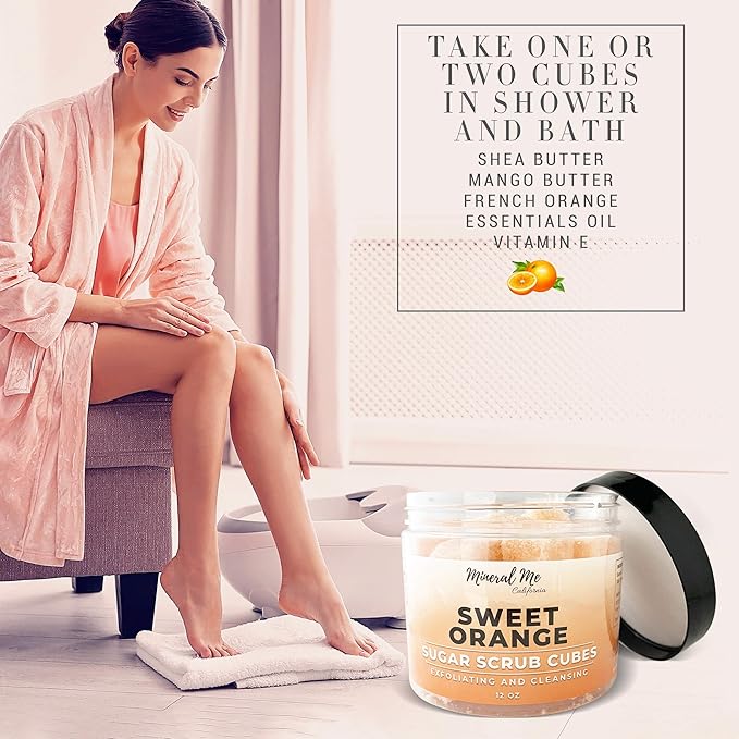Body Scrub Exfoliator - 12oz SWEET ORANGE Sugar scrub cubes w/Mango Butter & Shea butter- Ultra Hydrating & Moisturizing - Natural & Organic for all body exfoliation- For hands, arms legs, elbow, foot