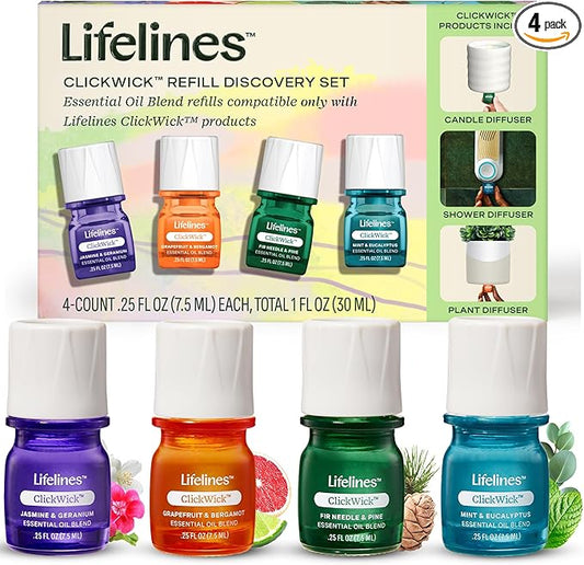 ClickWick Essential Oil Blends for Lifelines Diffusers, 4-Pack Discovery Set - Essential Oil Blend Refill for Candle, Plant & Shower Aromatherapy Diffuser - Fragrance for Diffusers