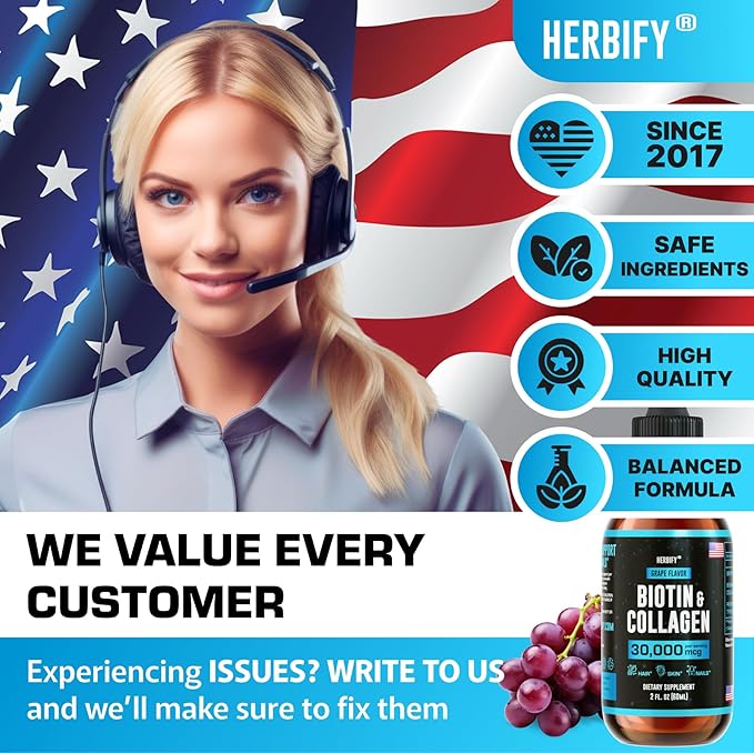 HERBIFY Collagen and Biotin Liquid Drops - Faster Absorption Joint Health Supplement for Hair Growth and Stronger Nails - Hair Skin and Nails Vitamins for Women and Men - B7 Supplement - Made in USA