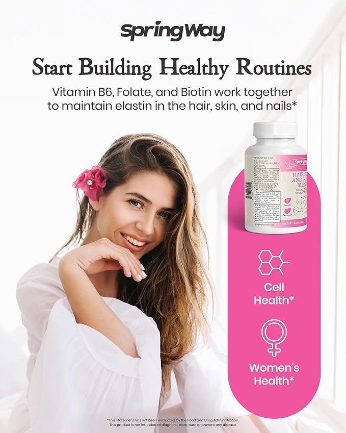 Hair Skin & Nails Blend, Ultimate Hair Nutraceutical With Biotin 5000mcg, Vitamins A, B6, C, D, Supports Healthy Hair, Supports Faster Hair Growth, Healthy Skin, Stronger Nails, 60 Capsules