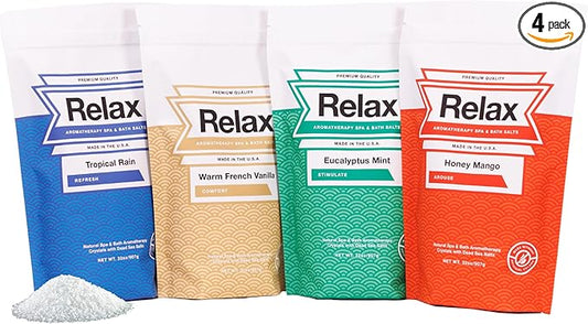 Relax Spa & Bath, Epsom & Dead Sea Salts, Aromatherapy Bath Salts for Hot Tub, Bath, or Spa, Infused with Magnesium, 32 oz Each, 4-Pack