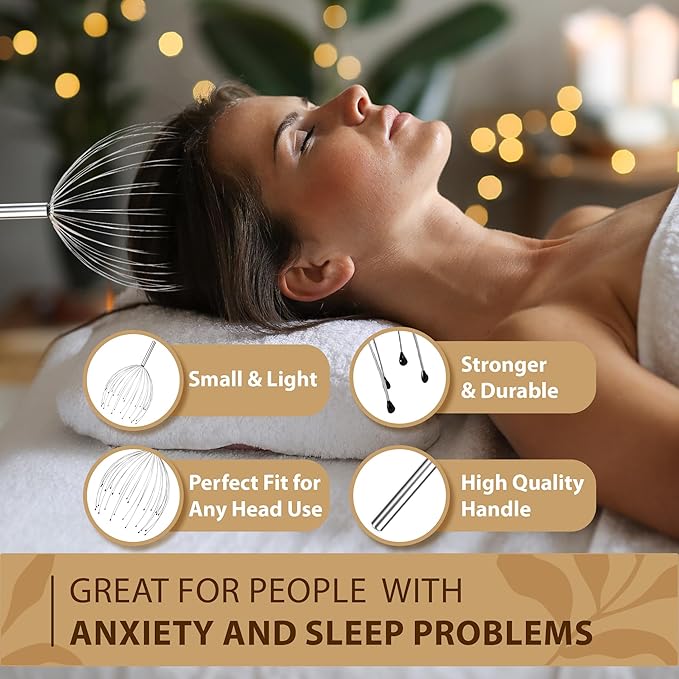 Head Massager 28 Fingers Scalp Massager Head Scratcher, Back Massage Back Scratcher, Stocking Stuffers for Scalp and Body Massage (Silvery)