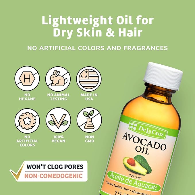 De La Cruz Avocado Oil - Expeller Pressed Pure 100% Avocado Oil for Hair and Body - Lightweight Body Oil for Dry Skin - 2 FL OZ (6 Bottles)