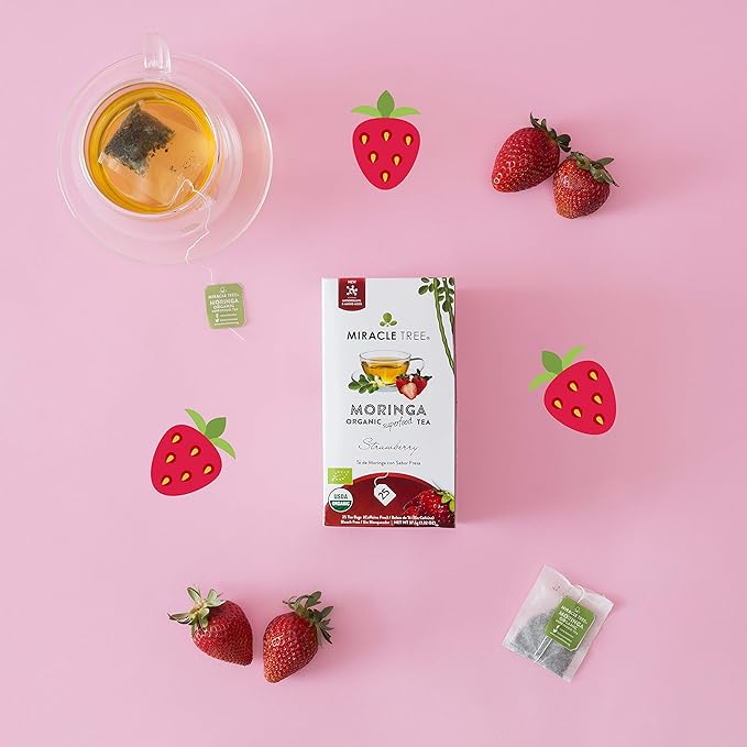 Miracle Tree - 6 Count of Organic Moringa Superfood Tea, 25 Individually Sealed Tea Bags, Strawberry (Keto, Detox, Energy/Immunity Booster, Vegan, Gluten-Free, Organic, Non-GMO, Caffeine-Free)