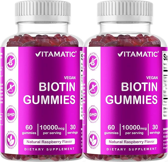 Vitamatic Biotin Gummies 10,000 mcg for Stronger Hair, Skin & Nails - 60 Vegan Gummies - Also Called Vitamin B7 (2 Bottles)