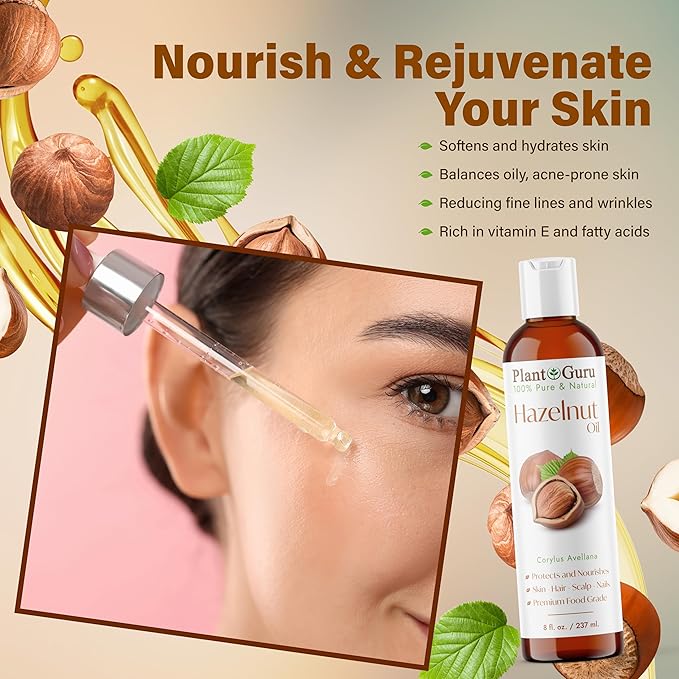 Hazelnut Oil 8 fl. oz. Cold Pressed 100% Pure Natural Carrier - Skin, Face, Body And Hair Growth Moisturizer. Great For DYI Cream, Lotions and Lip balm.