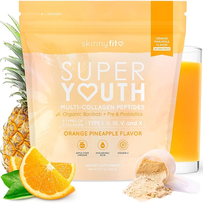 SkinnyFit Super Youth Orange Pineapple Multi-Collagen Peptides + Probiotics, Baobab Fiber, Apple Cider Vinegar, Hyaluronic Acid, & Vitamin C, Skin, Hair, Joint & Metabolism Support, 30 Servings