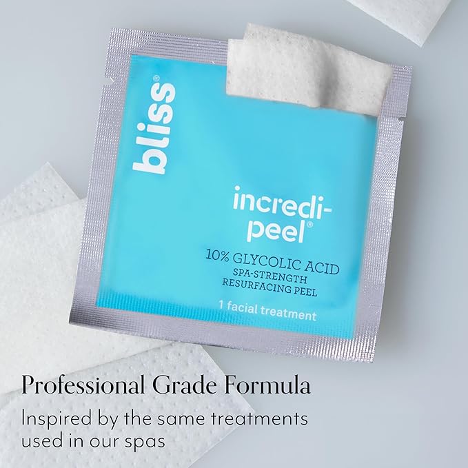Bliss That's Incredi-Peel Glycolic Resurfacing Facial Pads - 15 ct - Single-Step Pads for Exfoliating and Brightening - Targets Fine Lines and Discoloration - Travel-Friendly - Vegan & Cruelty-Free