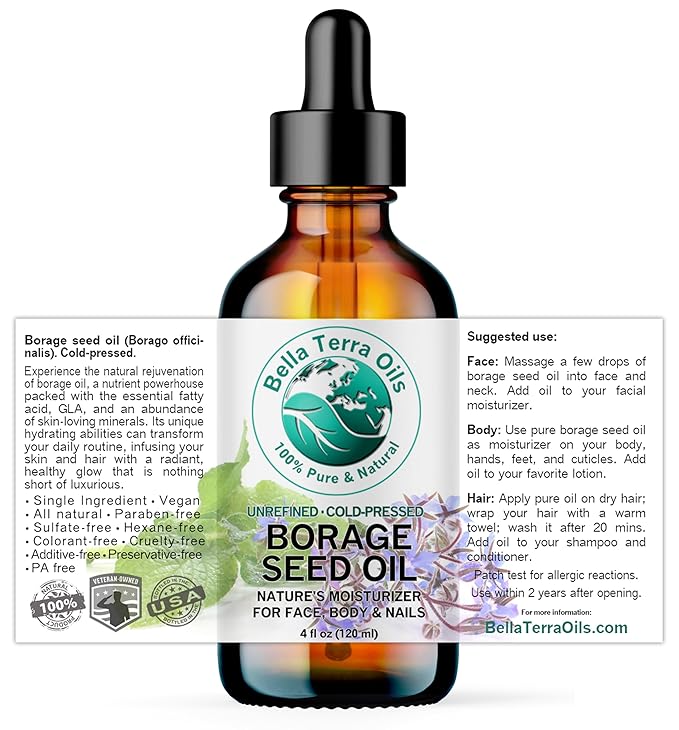 Bella Terra Oils - Organic Borage Seed Oil 2 oz - Cold-Pressed Excellence, Rich in Gamma-Linolenic Acid (GLA), Vitamins & Minerals, Ideal Nourishing Elixir for Skin