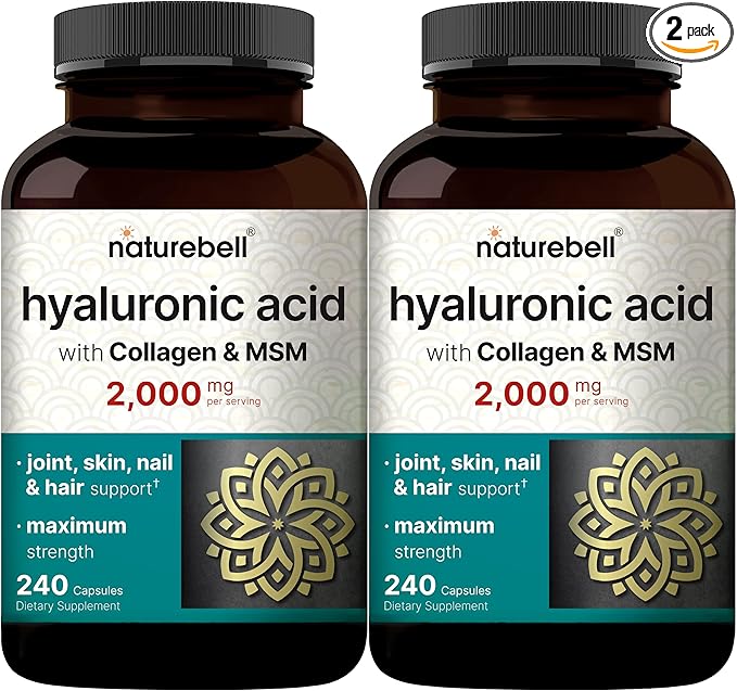 NatureBell 2 Pack Hyaluronic Acid Supplements 2,000 mg | 480 Total Capsules, with MSM & Hydrolyzed Bovine Collagen – 3 in 1 Support for Skin Hydration, Joint Lubrication, Hair, and Eye Health