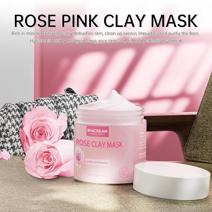 Rose Clay Facial Mask, Valentines Gifts for Women Her, Clay Mask Reduce the Blackheads, Pink Clay Mask with Kaolin and Collagen, Gentle Skincare for Women and men, Moisturizing 5.29 oz