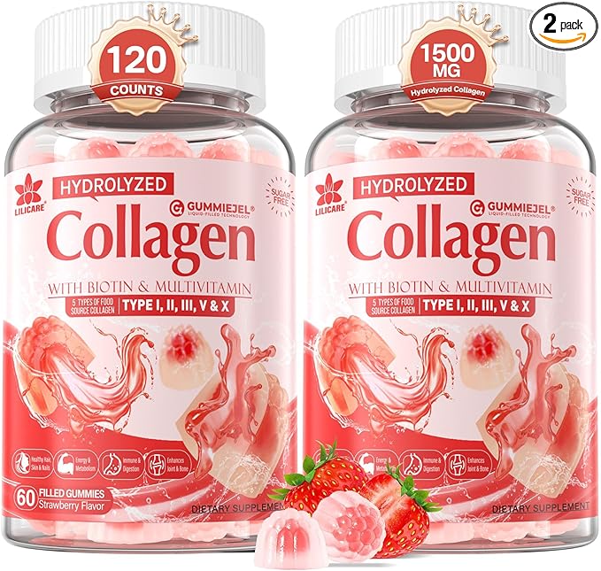 2Pack Sugar-Free Hydrolyzed Collagen Peptide Filled Gummies for Women & Men, with 1500mg Protein Type I,II,III,V,X, 5000mcg Biotin Vitamin C A E D3 B6 B12 for Immune Digestion Skin Hair Nails, Bone