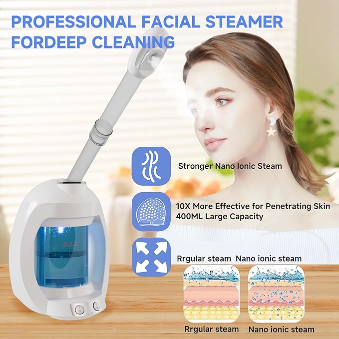Facial Steamer, Face Steamer for Esthetician and Nano Ionic Portable Ozone Hair Steamer, Professional Facial Steamer for Home Facial Spa(White)