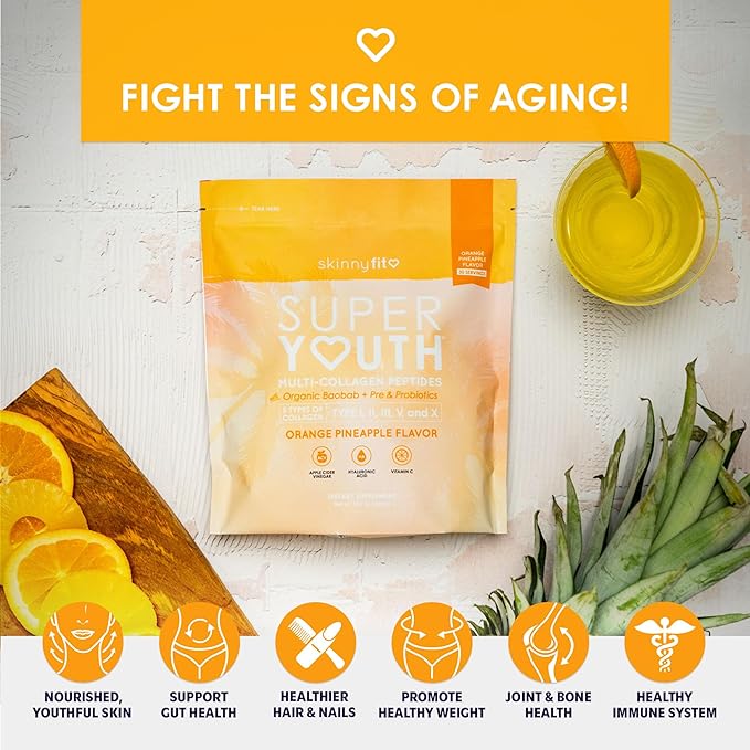 SkinnyFit Super Youth Orange Pineapple Multi-Collagen Peptides + Probiotics, Baobab Fiber, Apple Cider Vinegar, Hyaluronic Acid, & Vitamin C, Skin, Hair, Joint & Metabolism Support, 30 Servings