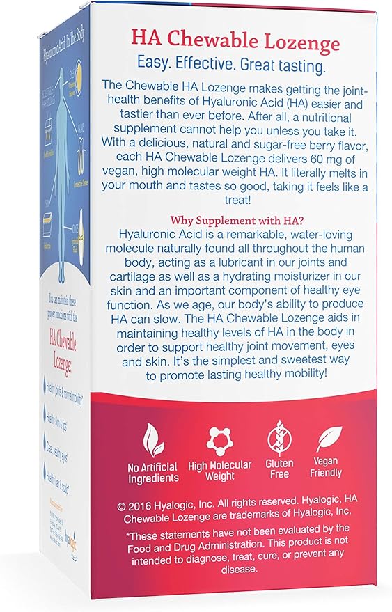 Hyalogic Hyaluronic Acid Chewables 60 Count - Great Tasting Berry Flavored (120mg per 2 Tablets) - Defy Aging Naturally - Sugar Free HA Supplement for Skincare & Eye Health