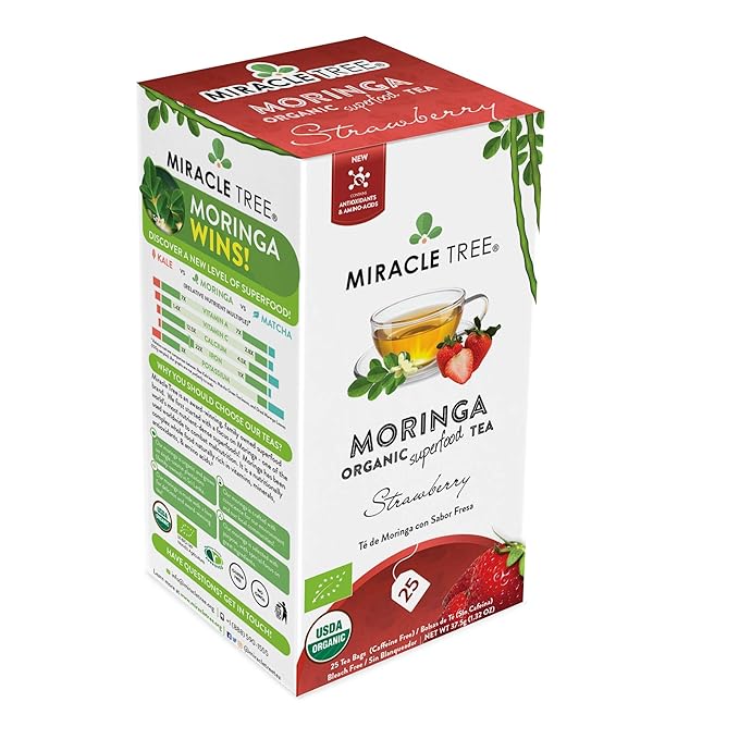 Miracle Tree - Organic Moringa Superfood Tea, 25 Individually Sealed Tea Bags, Strawberry (Keto, Detox, Energy & Immunity Booster, Vegan, Gluten-Free, Organic, Non-GMO, Caffeine-Free)