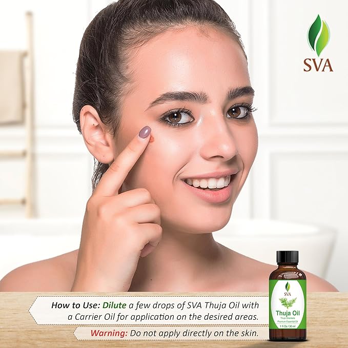 SVA Thuja Essential Oil – 1 Fl Oz – 100% Natural Thuja Oil - for Diffuser, Hair Care, Face, Skin Care, Aromatherapy, Scalp and Body Massage, Soap and Candle Making - with Dropper