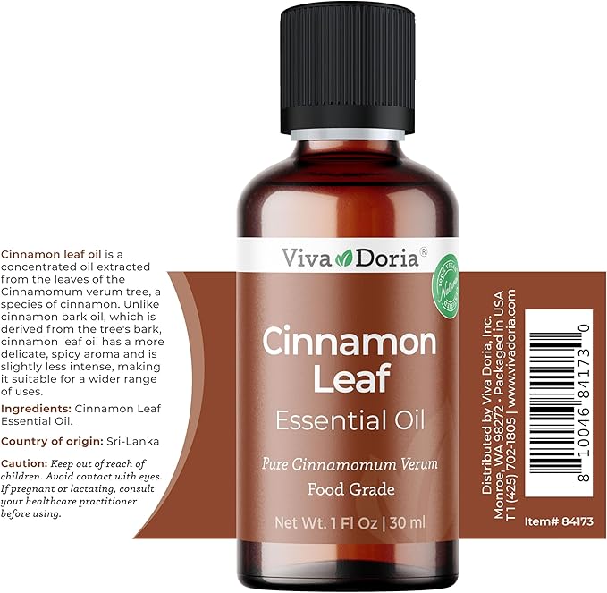 Viva Doria Cinnamon Leaf Essential Oil, 100% Pure, Natural Cinnamon Essential Oil, Undiluted, for Aromatherapy | Food Grade, 30 mL (1 Fluid Ounce)
