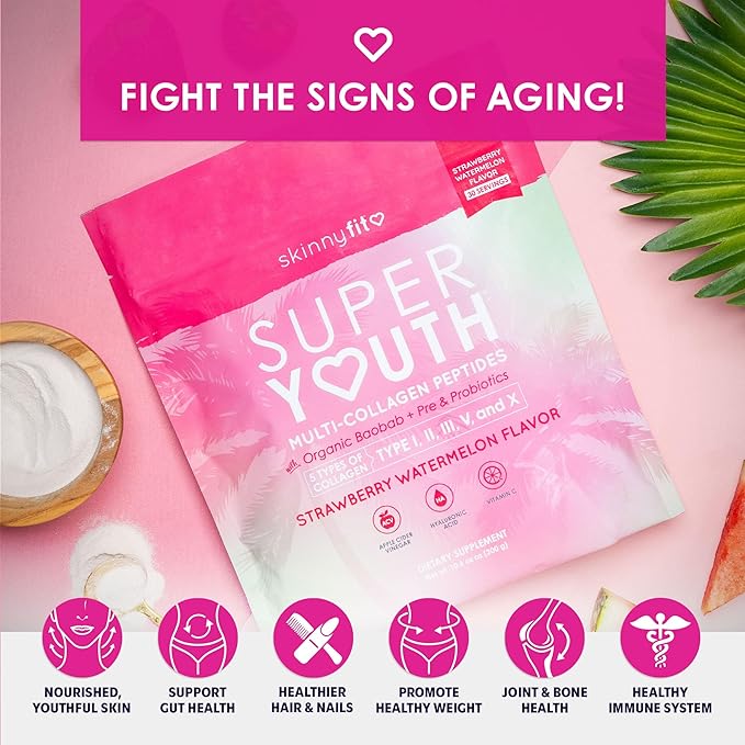 SkinnyFit Super Youth Strawberry Watermelon Multi-Collagen Peptides + Probiotics, Baobab Fiber, Apple Cider Vinegar, Hyaluronic Acid, & Vitamin C, Skin, Hair, Joint & Metabolism Support, 30 Servings
