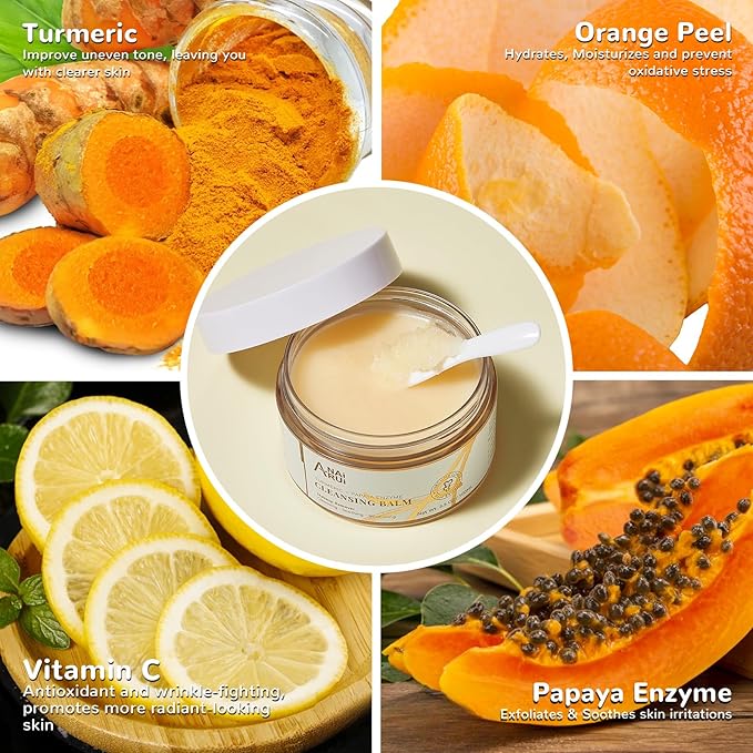 ANAI RUI Turmeric Makeup Remover Balm, Turmeric Cleansing Balm, Face Exfoliator for Melting Makeup, Cleansing Pores & Blackheads, Hydrating, Smooth Skin, 3.5OZ