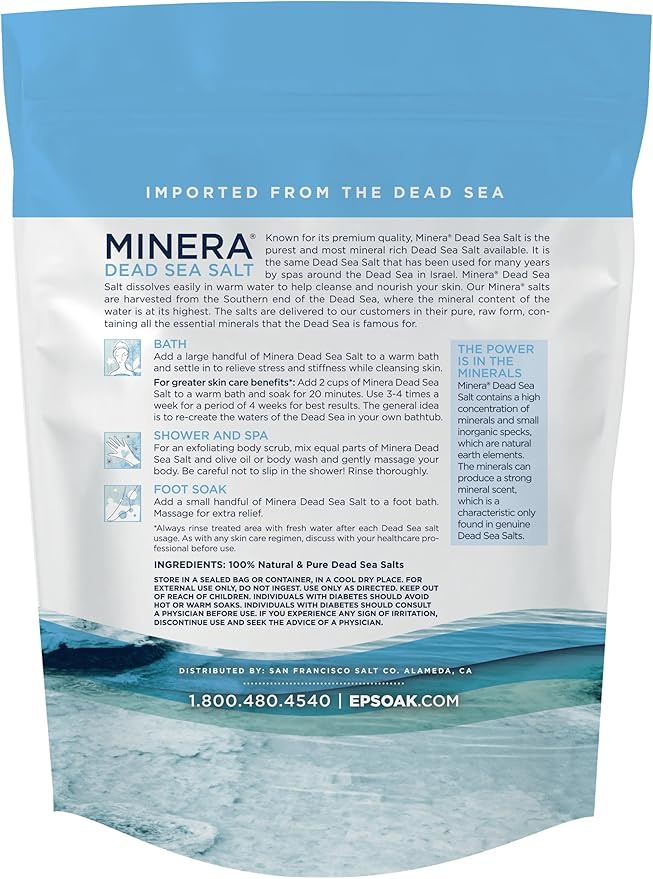 Minera Dead Sea Salt, 100% Pure & Natural, 19 lbs. Fine Grain (0-1.7 mm) Bulk Bag, Easily Dissolving Dead Sea Salts for Soaking & Bathing, Skin Nourishing Fine Sea Salt, Unscented